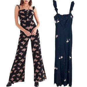 Flynn Skye - Women’s Floral Jumpsuit, Button-Down, Ruffle - Black, Small